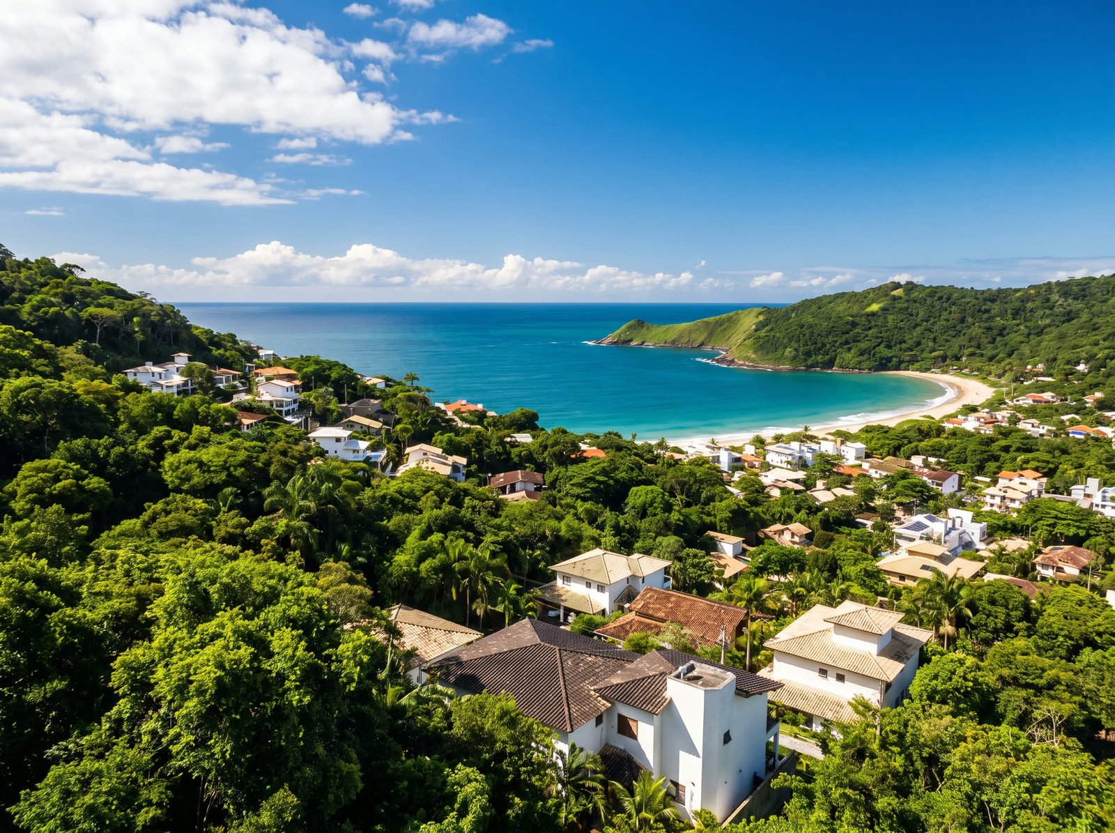 Vista do alto de uma cidade litorânea, com casas entre a mata verde e uma praia de mar azul ao fundo.